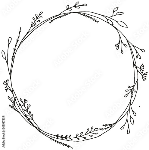 Hand Drawn black and white botanical bouquet wreath. Monochrome creative flower frame for greeting card, modern hand lettering.