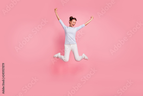 Full length body size view portrait of her she nice lovely attractive pretty cheerful impressed crazy girl celebrating great success isolated over pink pastel background