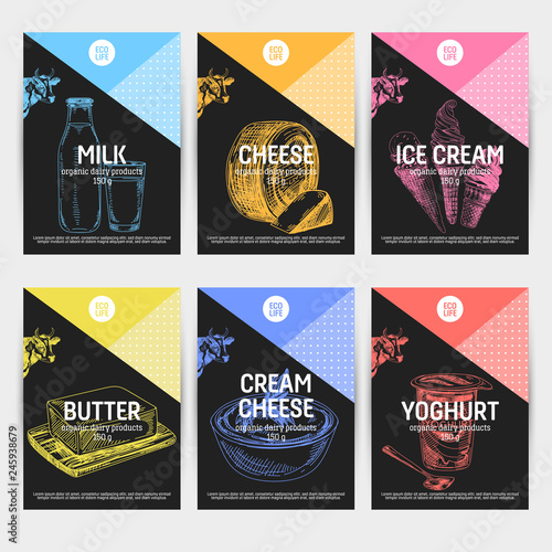 Beautiful vector hand drawn dairy products card set.