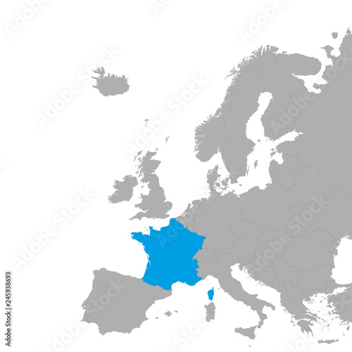 The map of France is highlighted in blue on the map of Europe