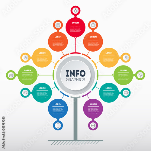 Business presentation concept with 11 options. Web Template of service tree, info chart or diagram with eleven process. Vector infographic of technology or education with 11 steps.