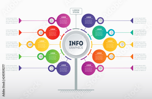 Business presentation concept with 10 options. Web Template of tree, info chart or diagram with icons. Vector infographic of technology or education process with 10 steps.