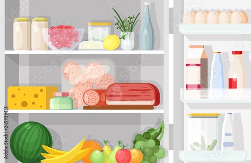 Modern refrigerator with opened door full of various daily food - meat, dairy products, eggs, fresh fruits and berries, pickles. Content of fridge. Colorful vector illustration in flat cartoon style.