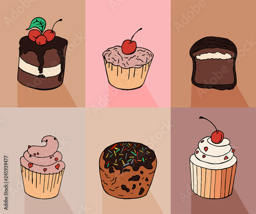 Set with sweet desserts. Collection with chocolate cupcakes and muffins.