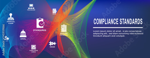 In compliance web header banner with icon set that shows a company passed inspection