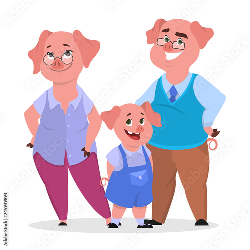 Happy pig family in clothes. Mother, father and child Fotobehang