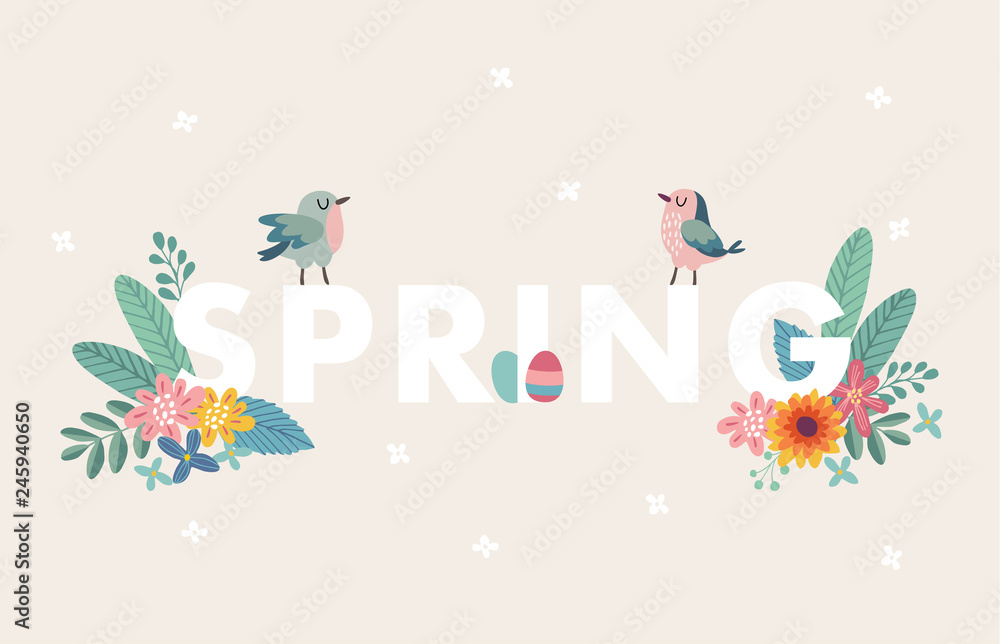 Cute spring web banner with birds, colorful Easter eggs, leaves and flowers. Easter greeting card, invitation. Vector illustration background, seasonal flat design.