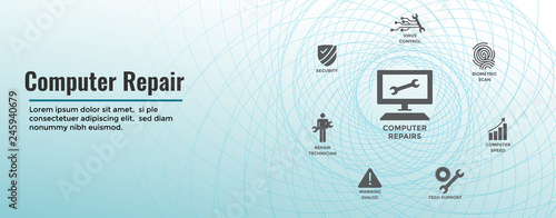 Information technology Web Header Banner with Wrench, Computer Repairman, computer icons, etc.
