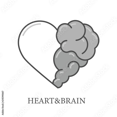 Heart and Brain flat modern icon logo vector design. Interaction between soul and intelligence, emotions and rational thinking or teamwork and balance
