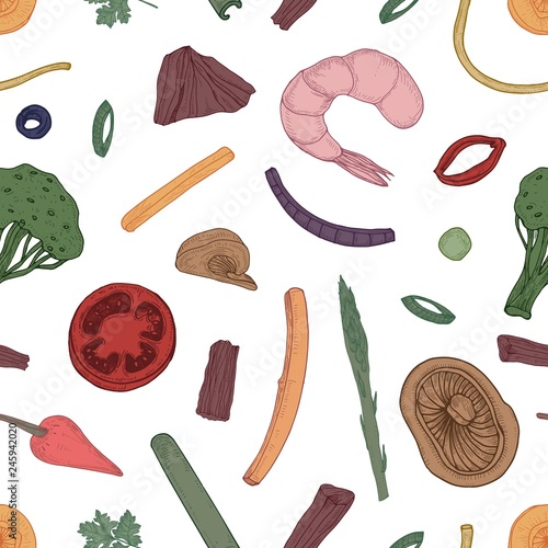 Seamless pattern with ingredients of Asian wok meal on black background