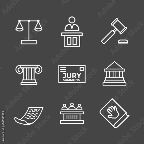 Law and Legal Icon Set with Judge, Jury, and Judicial icons