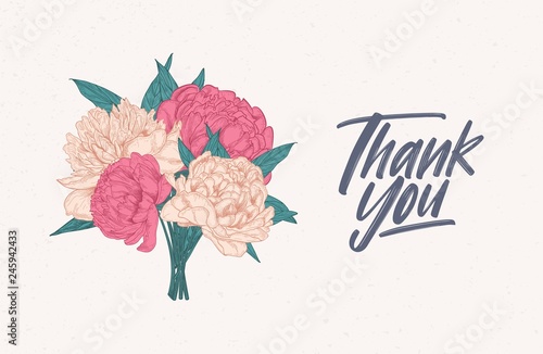 Thank You note template decorated with bouquet of gorgeous blooming peonies