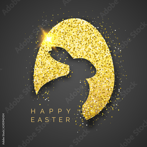 Easter black background with realistic golden egg, confetti, bunny silhouette and text. Vector illustration greeting card, poster, flyer, banner
