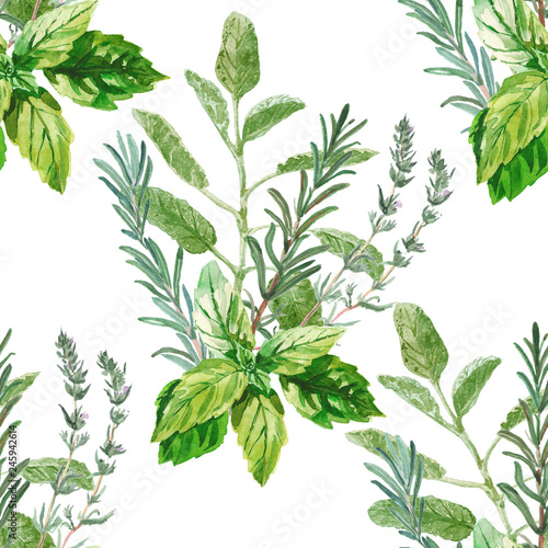 Watercolor seamless herbal pattern. Bunches of fresh culinary and medicinal herbs and branches. Basil  rosemary  thyme  sage green. For any surface  textile  tableware  wallpaper  packaging design