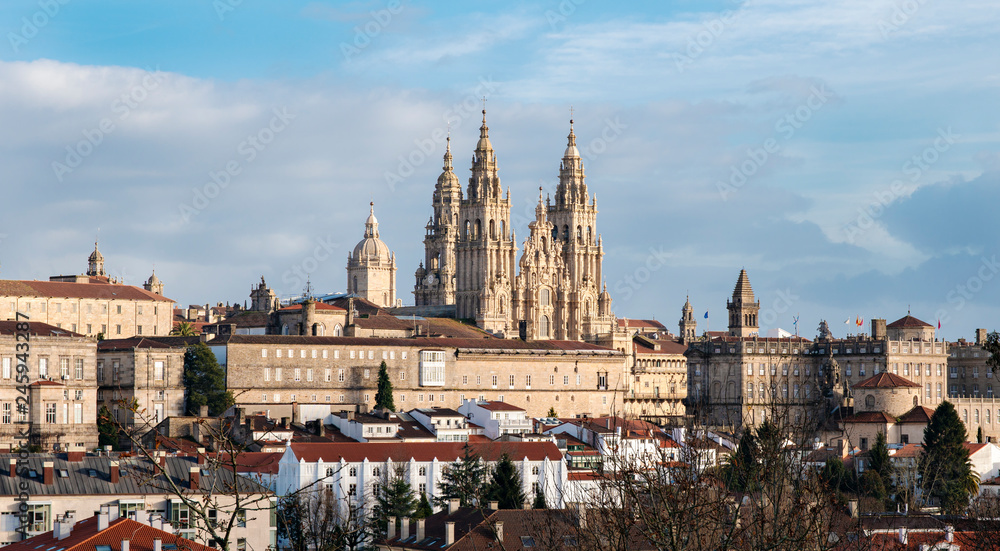 Santiago de Compostela panoramic view. Way of St. James pilgrimage. Unesco world heritage city. Galicia, Spain