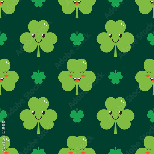 Cute and smiling cartoon shamrock, clover leaves characters seamless pattern background for St. Patrick's Day design.
