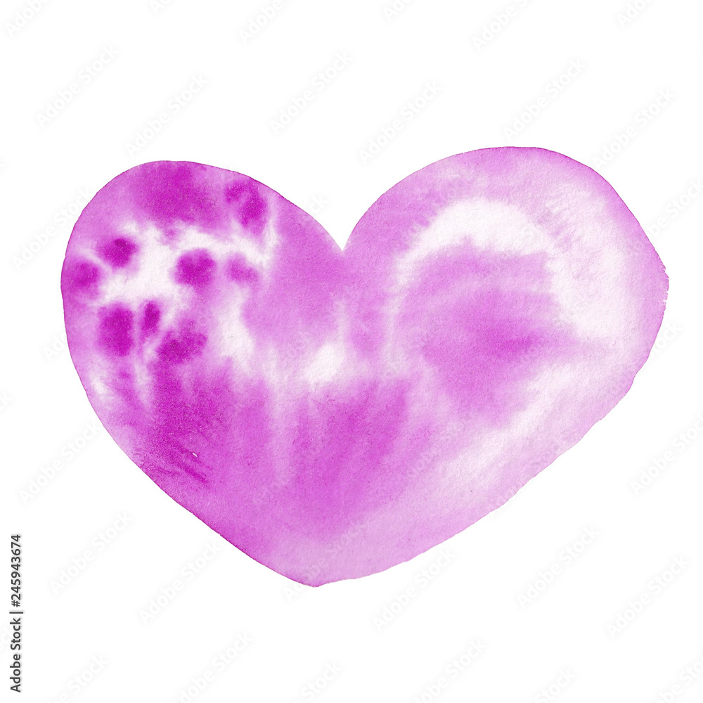 Big purple heart, watercolor heart, hand drawn, isolated on white background