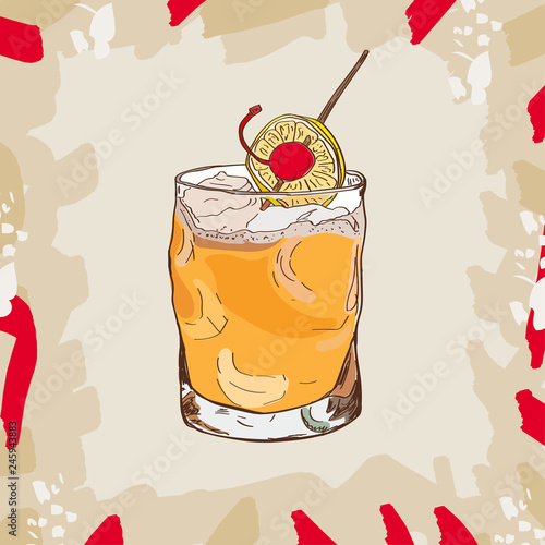 Whiskey sour cocktail illustration. Alcoholic bar drink hand drawn vector. Pop art