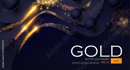 Abstract Light Waves Background with Gold Glitter Effect and Flying Spheres.