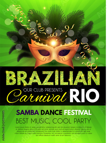 Brazil Carnival Flyer Template with Mask. Hot Party Design.