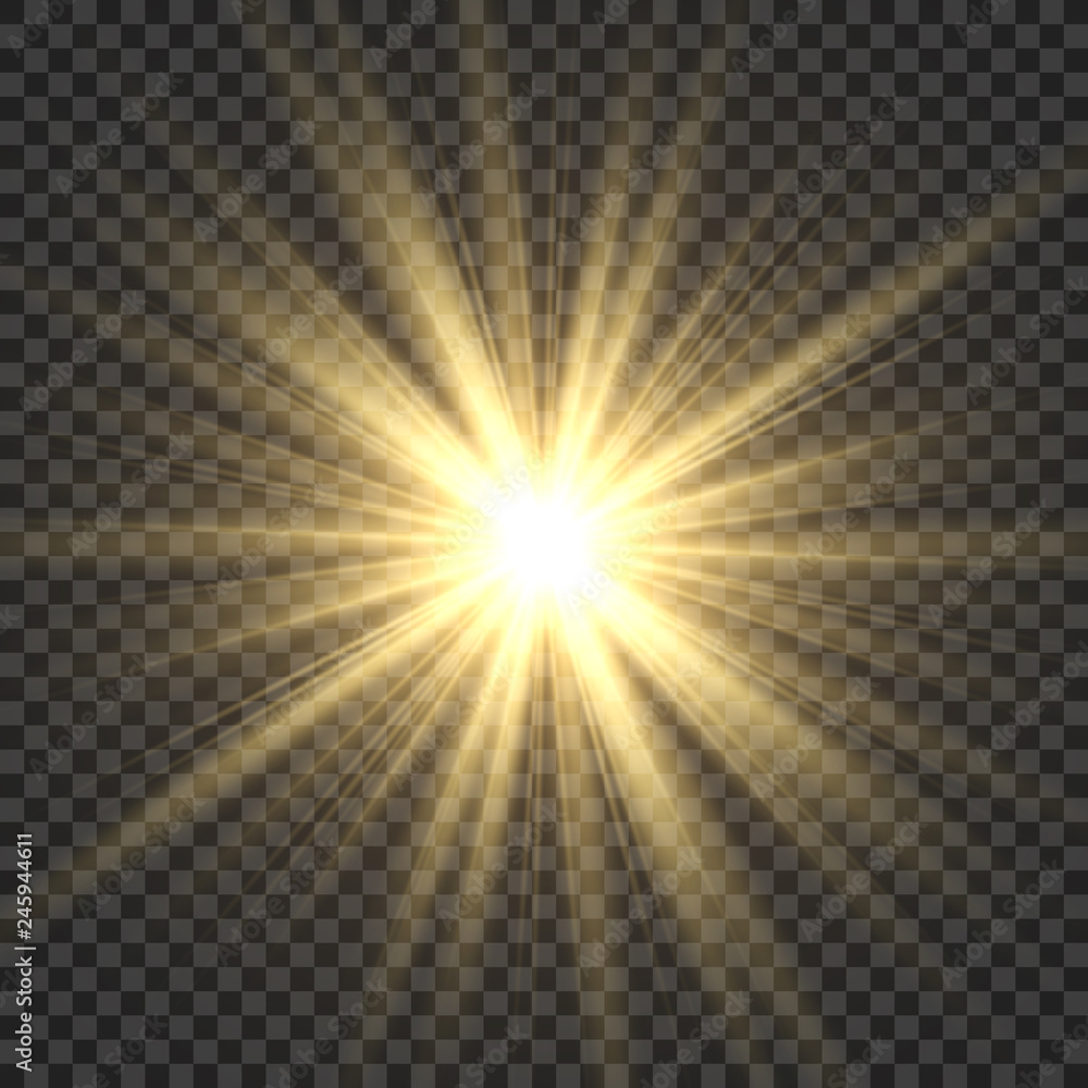 Realistic sun rays. Yellow sun ray glow abstract shine light effect starburst sbeam sunshine glowing isolated image - obrazy, fototapety, plakaty 