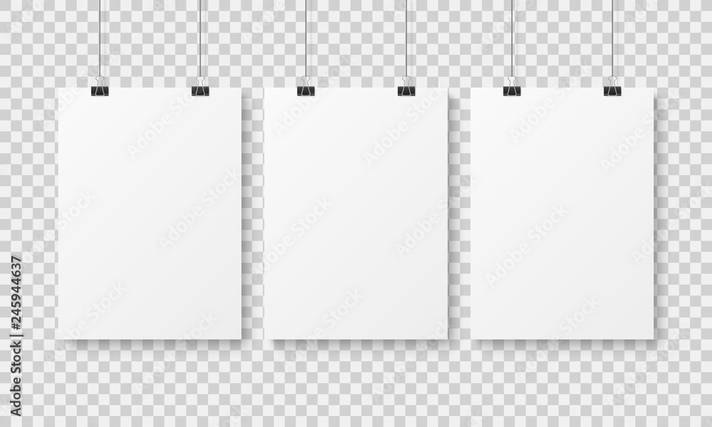 White blank poster template. Affiche wall paper posters, abstract clean advertising hanging sheet with binders mockup White blank poster template. Affiche wall paper posters, abstract clean advertising hanging sheet with binders mockup