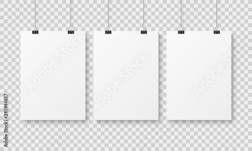 White blank poster template. Affiche wall paper posters, abstract clean advertising hanging sheet with binders mockup