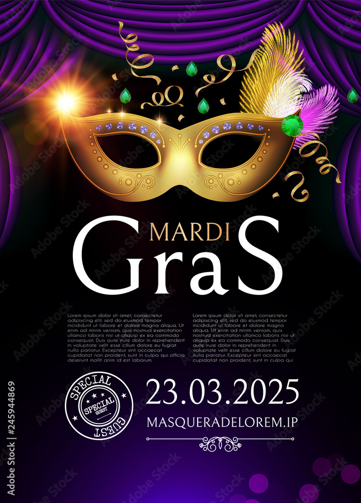 Mardi Gras Carnival Flyer Template with Mask.