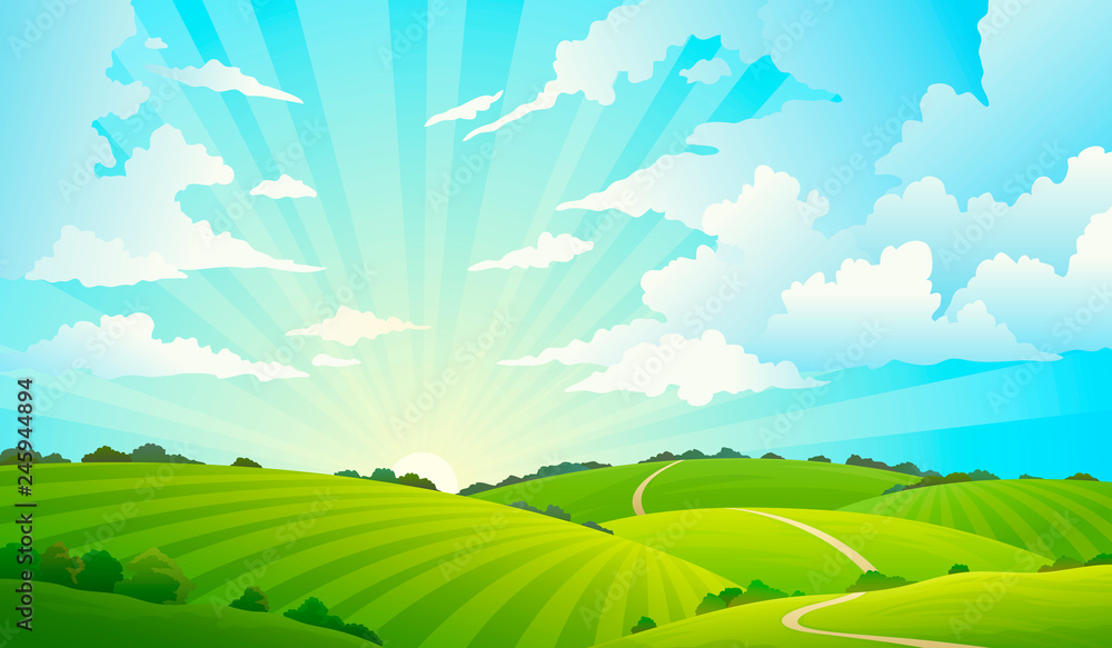 Fields landscape. Scenic green hills nature sky horizon meadow grass field rural land agriculture grassland