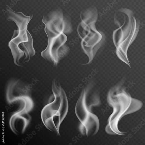 Realistic smoke. White food steam hookah hot tea coffee smoke texture isolated on black background vector set