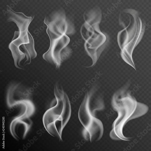 Realistic smoke. White food steam hookah hot tea coffee smoke texture isolated on black background vector set © YummyBuum