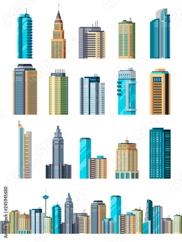 Skyscraper buildings. Modern building flat office city apartment, house residential block, exterior business town