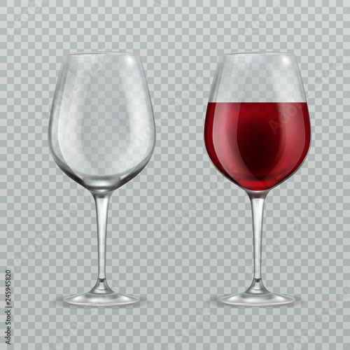 Realistic wineglass. Empty and with red wine wineglasses isolated glassware vector illustration