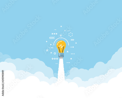 Launched lightbulb flying through cloud. Clouds and sky. White exhaust and blue sky. New project or business breakthrough. Line style vector illustration. Big idea launched.