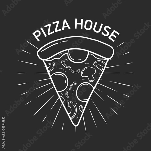 Logotype with delicious pizza slice hand drawn with contour lines in retro style