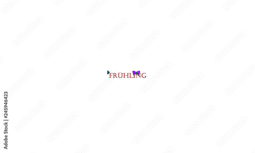 Schriftzug Frühling rot: mit grün - lila und blauen Schmetterlinge mit Schatten Schriftzug Frühling rot: mit grün - lila und blauen Schmetterlinge mit Schatten