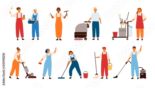 Set of smiling male and female cleaning service workers, home cleaners or housekeepers with floor polishing machines, mops, wipers isolated on white background. Flat cartoon vector illustration.