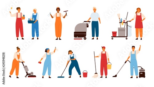 Set of smiling male and female cleaning service workers, home cleaners or housekeepers with floor polishing machines, mops, wipers isolated on white background. Flat cartoon vector illustration. photo