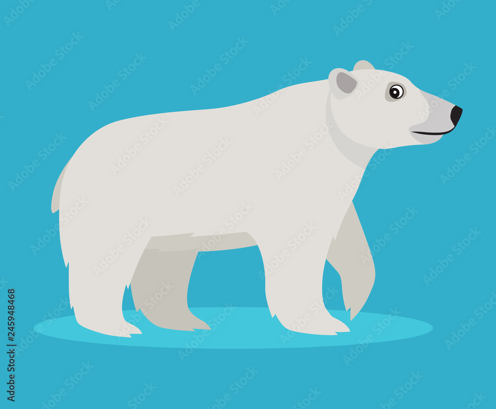 Cute big polar white bear icon, isolated on blue background, big furry beast, vector illustration in flat style Cute big polar white bear icon, isolated on blue background, big furry beast, vector illustration in flat style