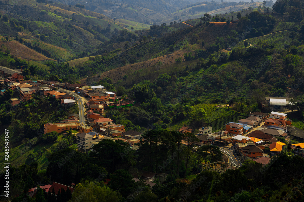 Mountainous village road in Mae Salong, Northern Thailand panoramic top view