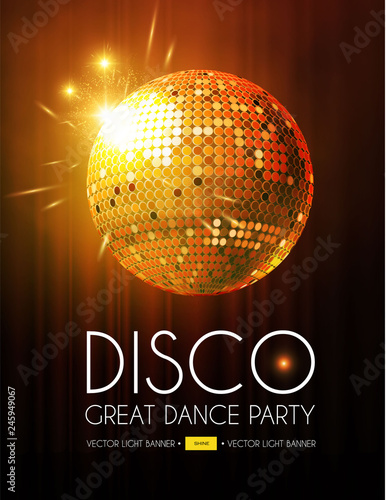 Disco Party Flyer Templatr with Mirror Ball, Stage Curtain and Light Effects.