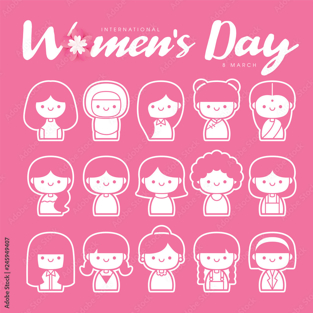 International Women's Day vector illustration with diverse group of women of different age, race and outfits.