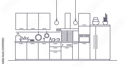 Kitchen full of furniture, household appliances, cookware, cooking facilities and utensils, home decorations. Elegant room interior in trendy Scandic style. Linear monochrome vector illustration.