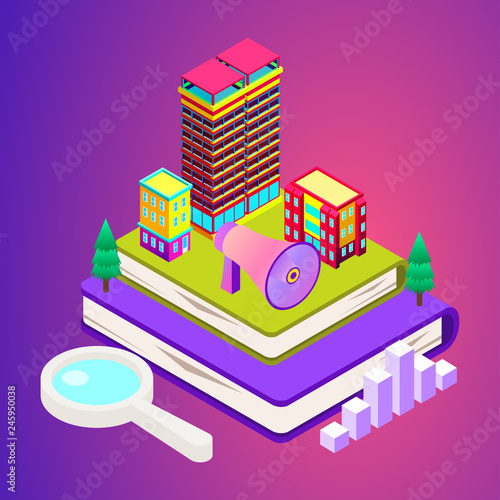 Vector isometric city with skysrapers. Town infographic illustration. photo