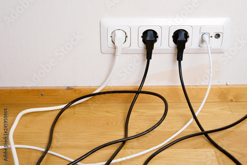 Electric and aerial outlet sockets, electric plugs and cables.