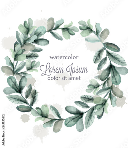 Leaves round wreath frame Vector watercolor. Wild green card decorations