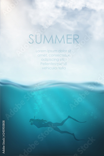 realistic underwater vector with diver and sea