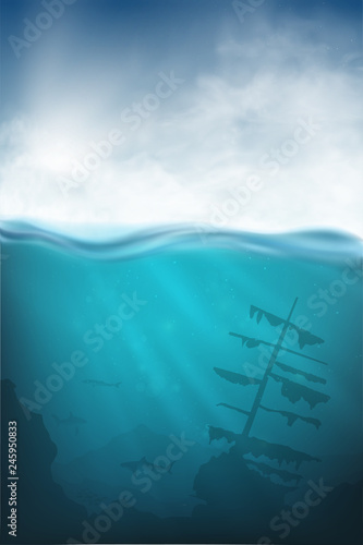 underwater vector ship with shark, and sea