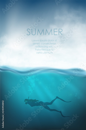 realistic underwater vector with diver and sea
