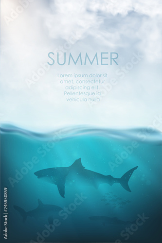 realistic underwater vector with shark and sea